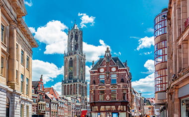 Traditional old street and buildings in Utrecht, Netherlands